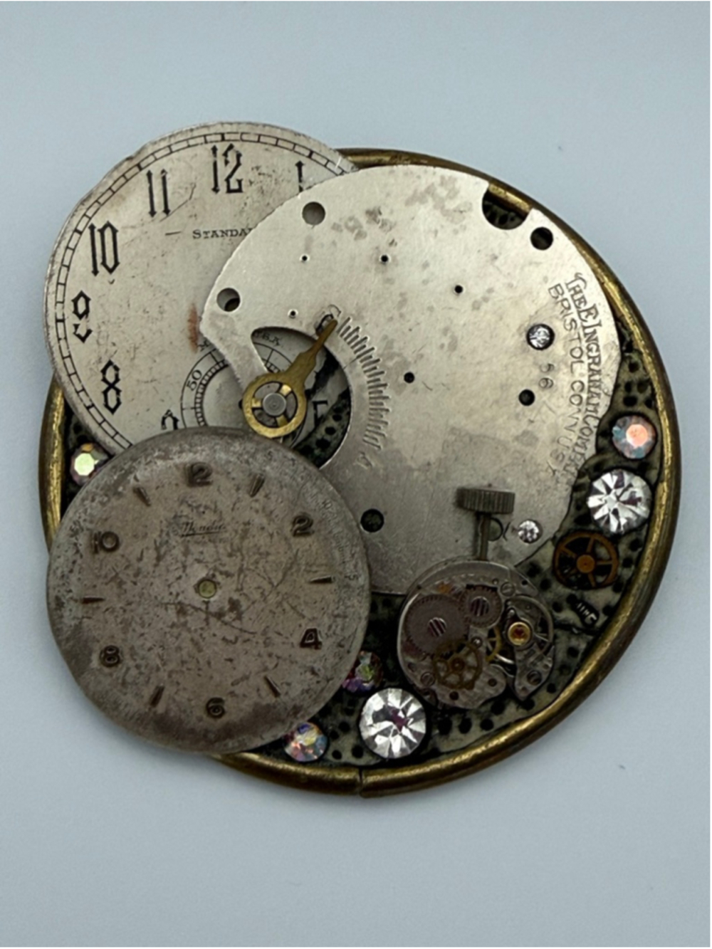 Lesli Mones Vintage Steampunk Silver Gold Watch Parts Brooch Pin